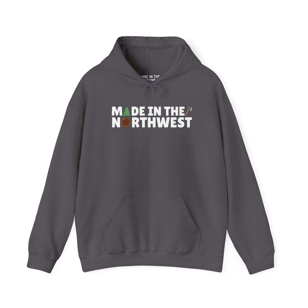 Dark gray hoodie with "Made in the Northwest" text and nature-themed graphics, ideal for outdoor enthusiasts.