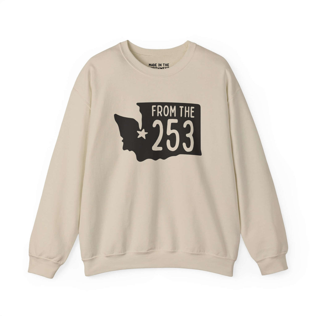 Beige sweatshirt with "From the 253" text and Washington state silhouette, featuring a star marking Tacoma. Perfect for showing local pride.