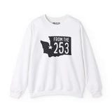 White sweatshirt with a black silhouette of Washington state, featuring a star on Tacoma and text 