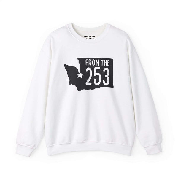 White sweatshirt with a black silhouette of Washington state, featuring a star on Tacoma and text "From the 253."