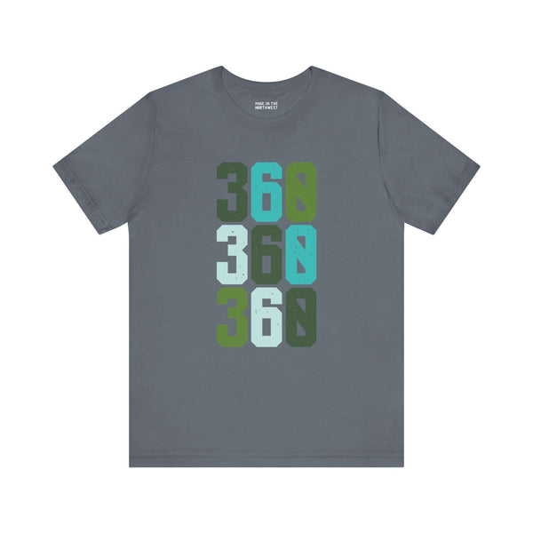 Gray Three-Six-Oh Pop Soft Tee with 360 area code in bold colorful rows, celebrating Pacific Northwest pride.