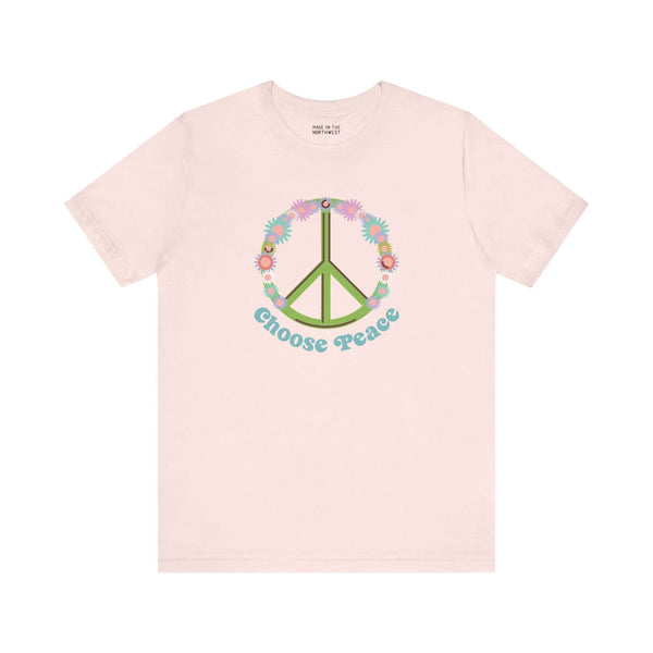 Choose Peace and Flowers Premium Soft Tee with green peace sign and colorful flower design.