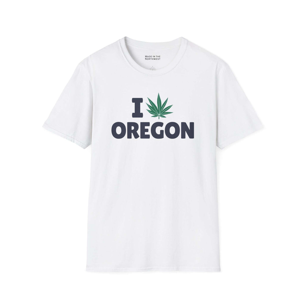I Marijuana Oregon T Shirt featuring a graphic of a cannabis leaf and the word Oregon on a white tee.