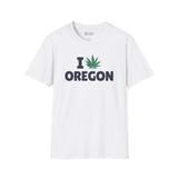 I Marijuana Oregon T Shirt featuring a graphic of a cannabis leaf and the word Oregon on a white tee.