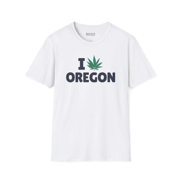I Marijuana Oregon T Shirt featuring a graphic of a cannabis leaf and the word Oregon on a white tee.