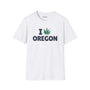 I Marijuana Oregon T Shirt featuring a graphic of a cannabis leaf and the word Oregon on a white tee.