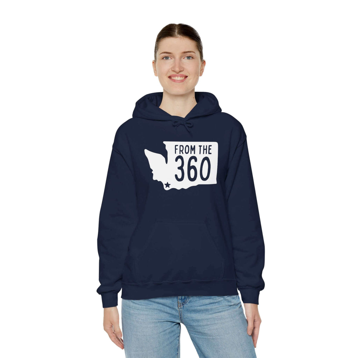 Person wearing a "From the 360" hoodie with Washington state silhouette and Vancouver star, showcasing area code pride.