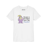 Portland Soggy Monster Kids Heavy Cotton Tee featuring a playful monster with an umbrella and 'People in Portland Don't Tan' text.