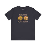 Black premium tee featuring vibrant 'Radiate Positivity' design with floral glasses, perfect for spreading good vibes.