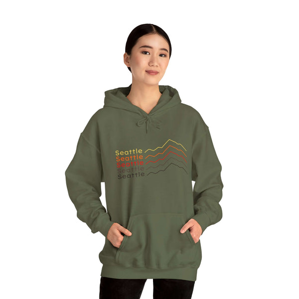 Seattle Minimalist Mountain Hoodie in olive green featuring stacked mountain design and local pride text.