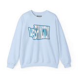 Washington State typography sweatshirt in light blue showcasing state-themed design for Pacific Northwest fans