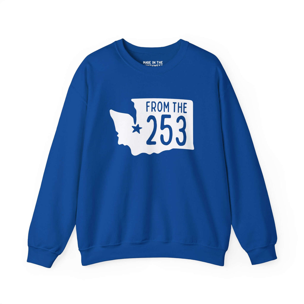 Blue sweatshirt with silhouette of Washington state and star on Tacoma, featuring bold text "From the 253" to show local pride.