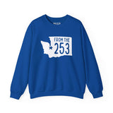 Blue sweatshirt with silhouette of Washington state and star on Tacoma, featuring bold text 