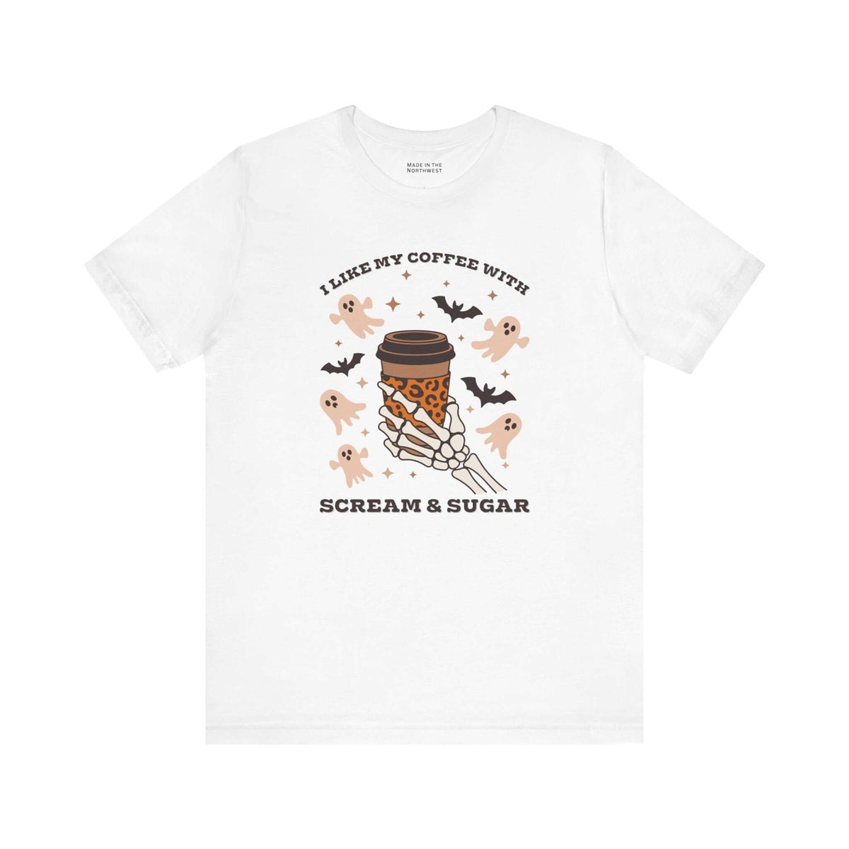 I Like My Coffee with Scream and Sugar Halloween Premium Soft Tee featuring a skeleton hand and spooky graphics.