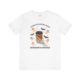 I Like My Coffee with Scream and Sugar Halloween Premium Soft Tee featuring a skeleton hand and spooky graphics.