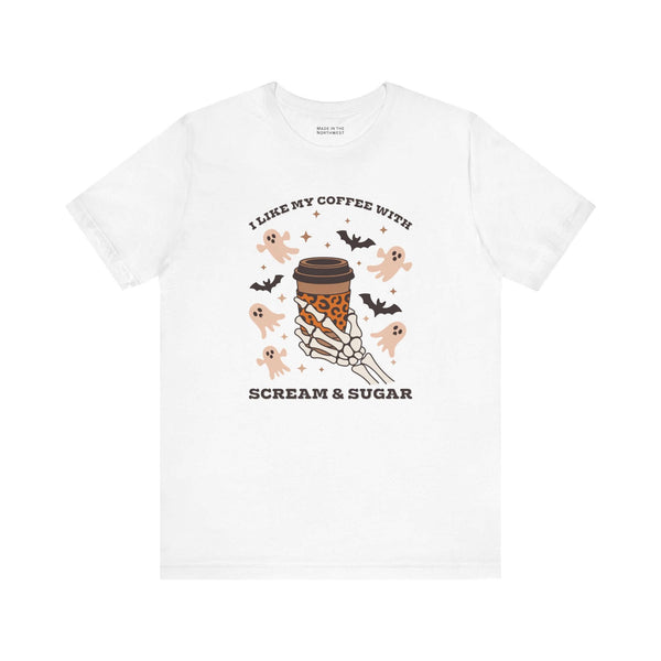 I Like My Coffee with Scream and Sugar Halloween Premium Soft Tee featuring a skeleton hand and spooky graphics.
