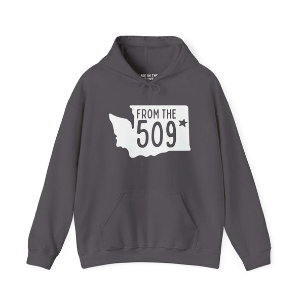 Gray hoodie featuring "From the 509" text with a Washington state silhouette and Spokane star, showcasing local pride.