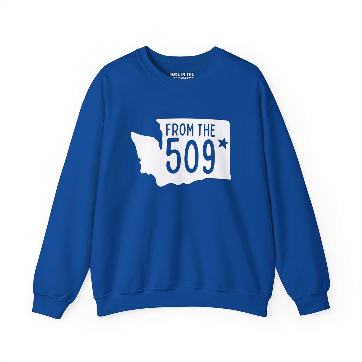 Blue "From the 509" sweatshirt with Washington state silhouette and Spokane star, showcasing local pride in style.