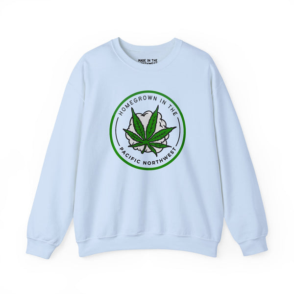 Light blue sweatshirt with a cannabis leaf and 'Homegrown in the Pacific Northwest' print design.