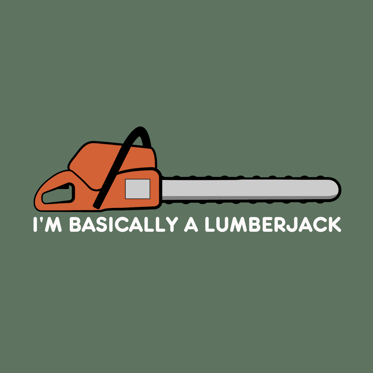 Bright chainsaw graphic with text "I'm Basically a Lumberjack" on a green background, perfect for lumberjack lovers.