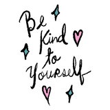 Be Kind to Yourself Mug design featuring hand-lettered message and decorative hearts.