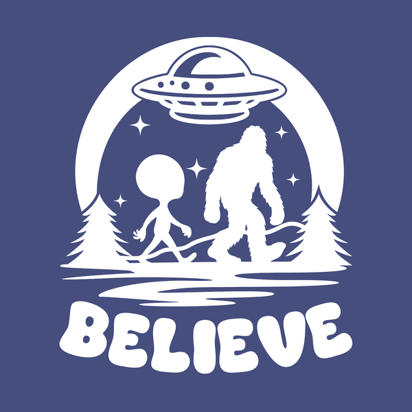 Believe in aliens and Bigfoot graphic design featuring Sasquatch and UFO on navy t-shirt.