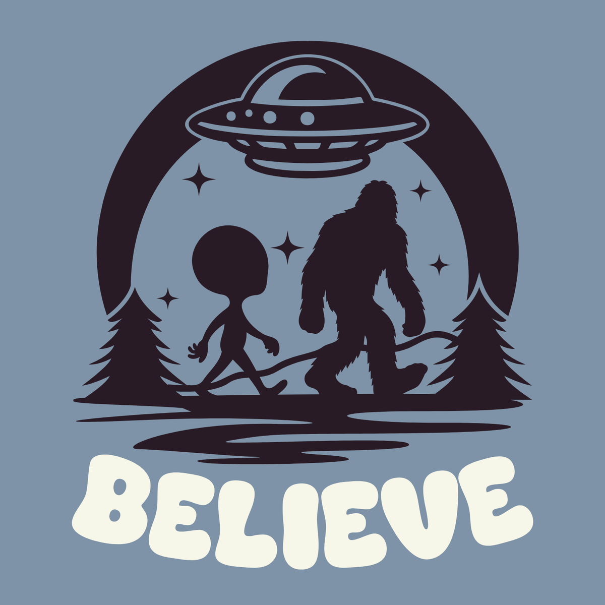 Believe in Aliens and Bigfoot Softstyle Midweight Sweatshirt featuring an alien and Bigfoot graphic.