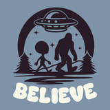 Believe in Aliens and Bigfoot Softstyle Midweight Sweatshirt featuring an alien and Bigfoot graphic.