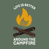 Graphic design featuring a campfire and text 'Life is better around the campfire' for outdoor lovers.
