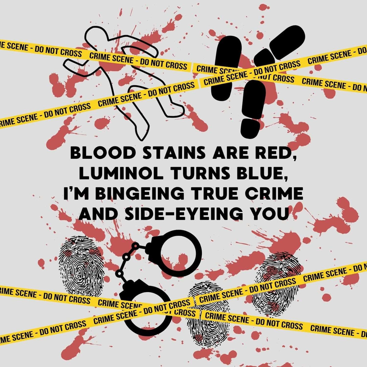 The Crime Scene Snuggle Lightweight Blanket for True Crime Lovers featuring crime scene tape and blood splatter design.
