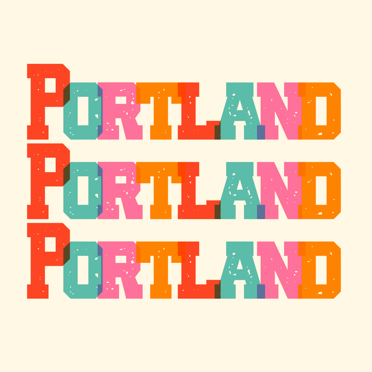 Bold and colorful Portland design in stacked block letters for a vibrant tee.