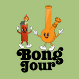 Playful Bong Jour design featuring a friendly bong and lighter, perfect for cannabis lovers and good vibes.