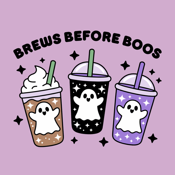 Brews Before Boos Halloween Coffee Premium Soft Tee featuring cute ghost-themed iced coffees.