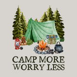 Watercolor illustration of a campsite with the phrase 'Camp More Worry Less' for outdoor enthusiasts.