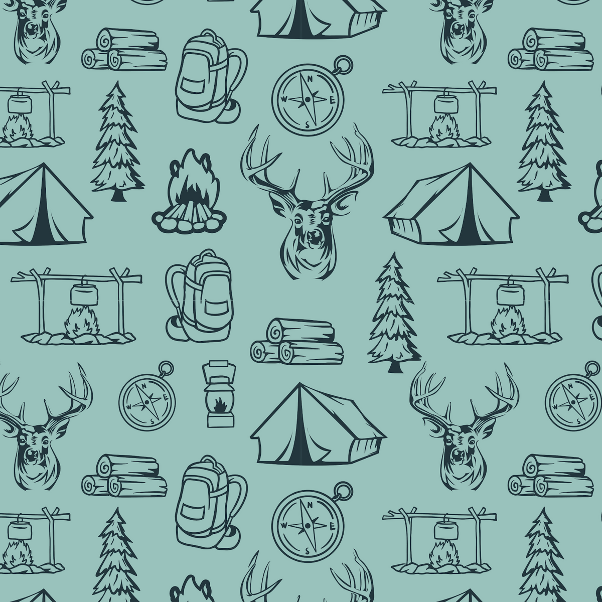 Seamless camping-themed pattern featuring tents, deer, compasses, and camping gear on a teal background.