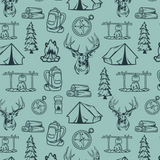 Seamless camping-themed pattern featuring tents, deer, compasses, and camping gear on a teal background.