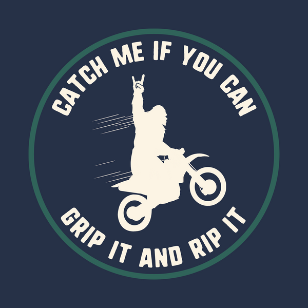 Catch Me If You Can design featuring Sasquatch on a motocross bike, perfect for adventurous riders.