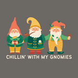 Illustration of three fun gnomes with text 'Chillin' with My Gnomies' for whimsical soft tee design.