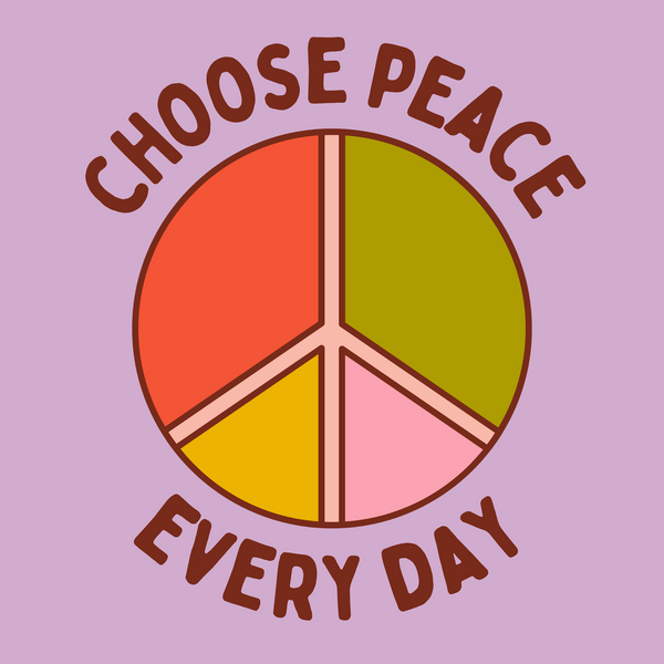 Colorful 'Choose Peace Every Day' graphic featuring a vibrant peace symbol on a light purple background.