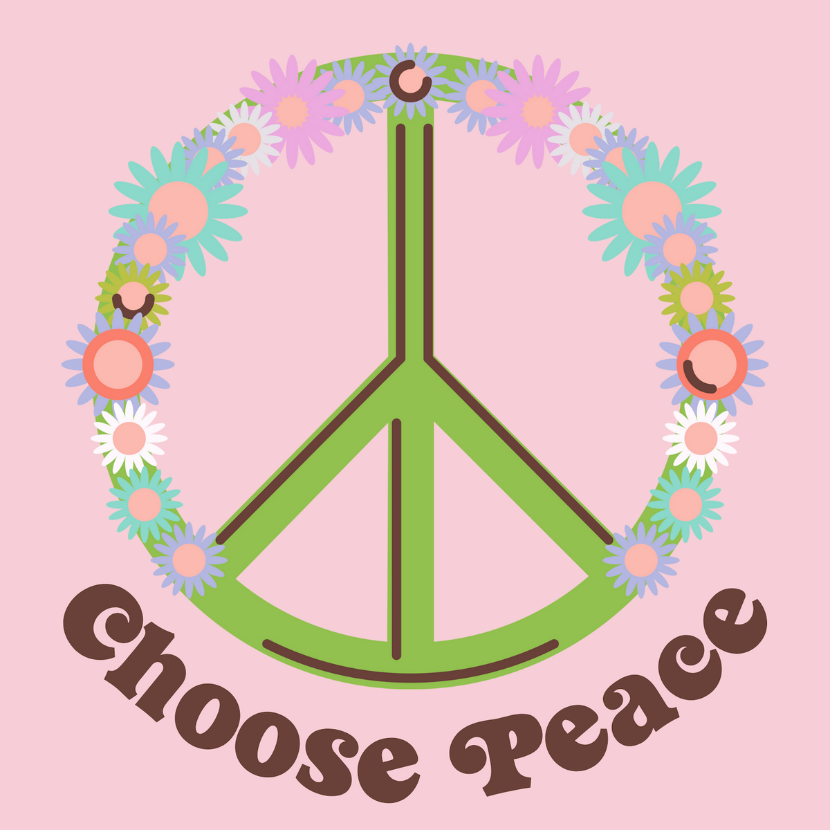 Choose Peace tee design featuring a green peace sign surrounded by colorful flowers on a pink background.