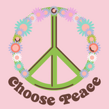 Choose Peace tee design featuring a green peace sign surrounded by colorful flowers on a pink background.
