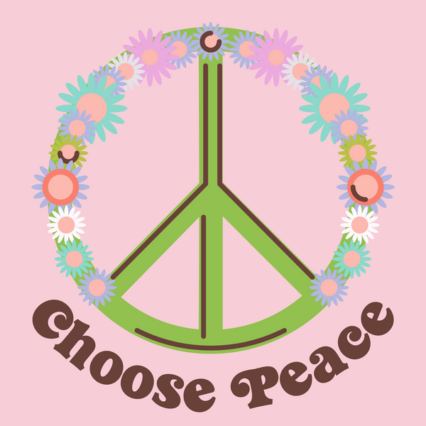 Choose Peace tee design featuring a green peace sign surrounded by colorful flowers on a pink background.
