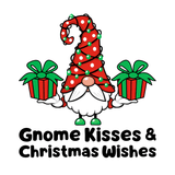 Gnome Kisses and Christmas Wishes design featuring a cheerful gnome with gifts and a festive hat design.