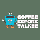 Cartoon coffee cup with smiling face and text 'Coffee Before Talkie' for a hoodie design.