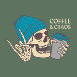 Skeleton wearing a beanie holding a coffee cup, showcasing rebellious Coffee & Chaos vibes.