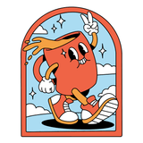 Retro Coffee Badge Mug with cartoon character, vibrant colors, and playful retro design in a cheerful setting.