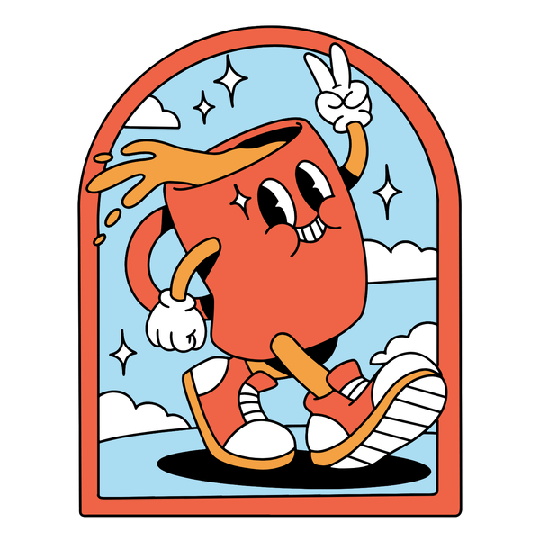 Retro Coffee Badge Mug with cartoon character, vibrant colors, and playful retro design in a cheerful setting.