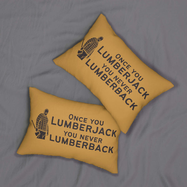 Two Once You Lumberjack pillows with a rustic design on a soft background.