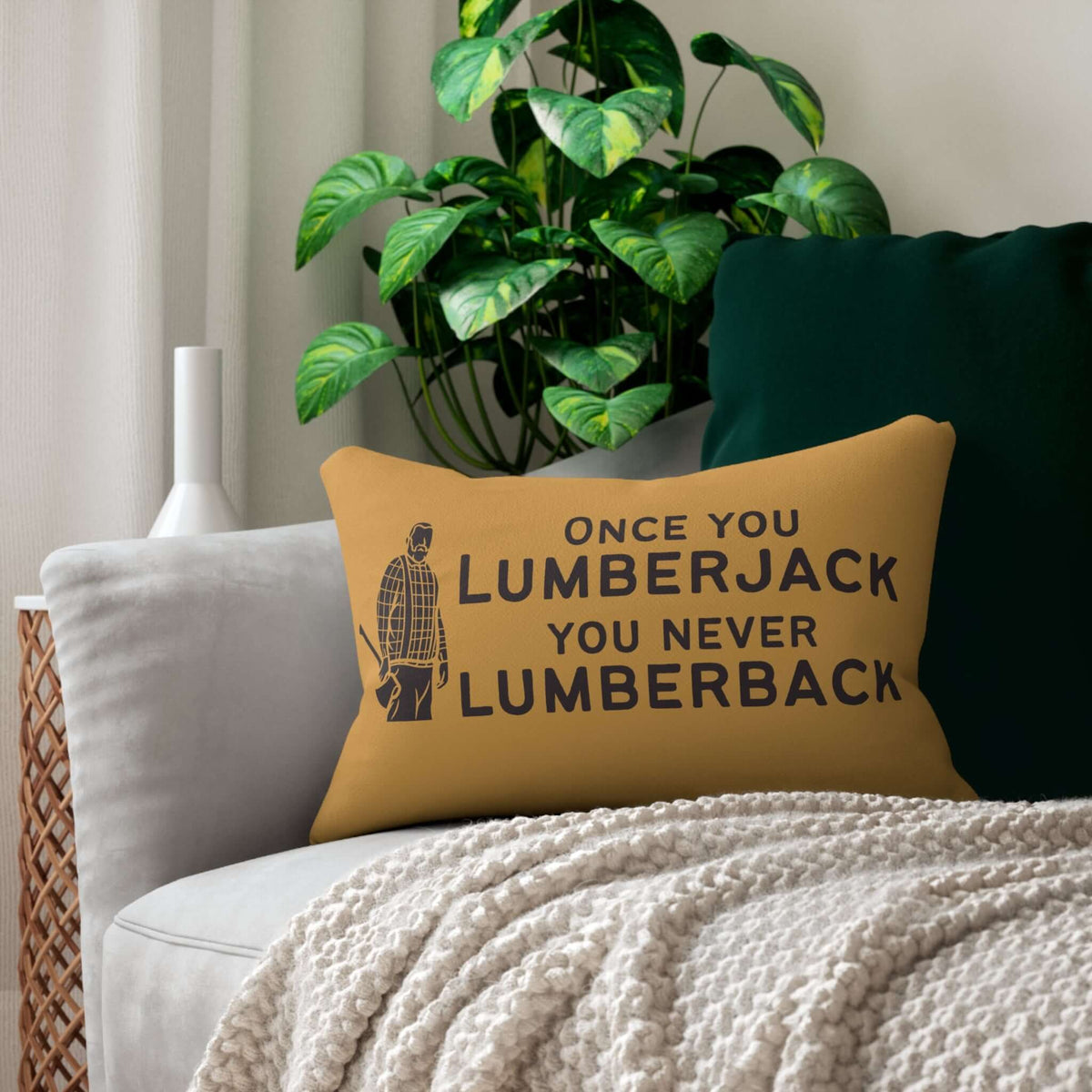 Once You Lumberjack Pillow featuring a lumberjack silhouette and humorous text on a golden ochre background.