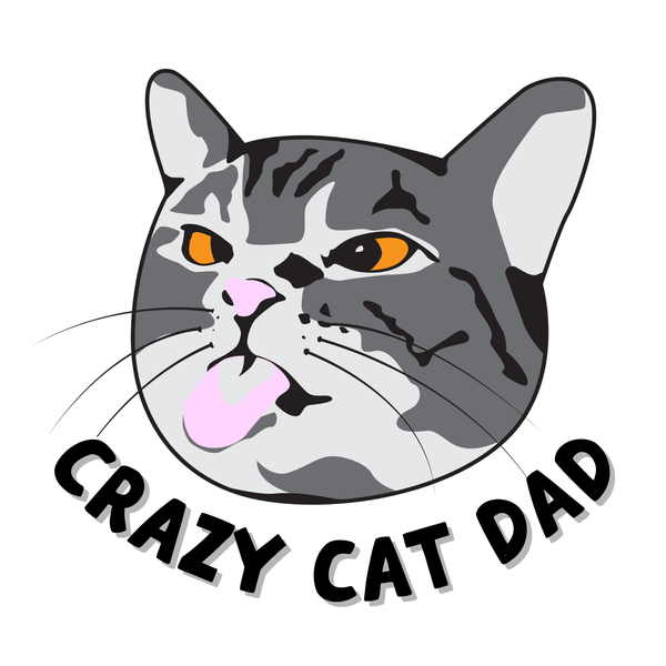 Illustration of a tabby cat with a silly face and text reading 'Crazy Cat Dad' for a crazy cat dad mug.